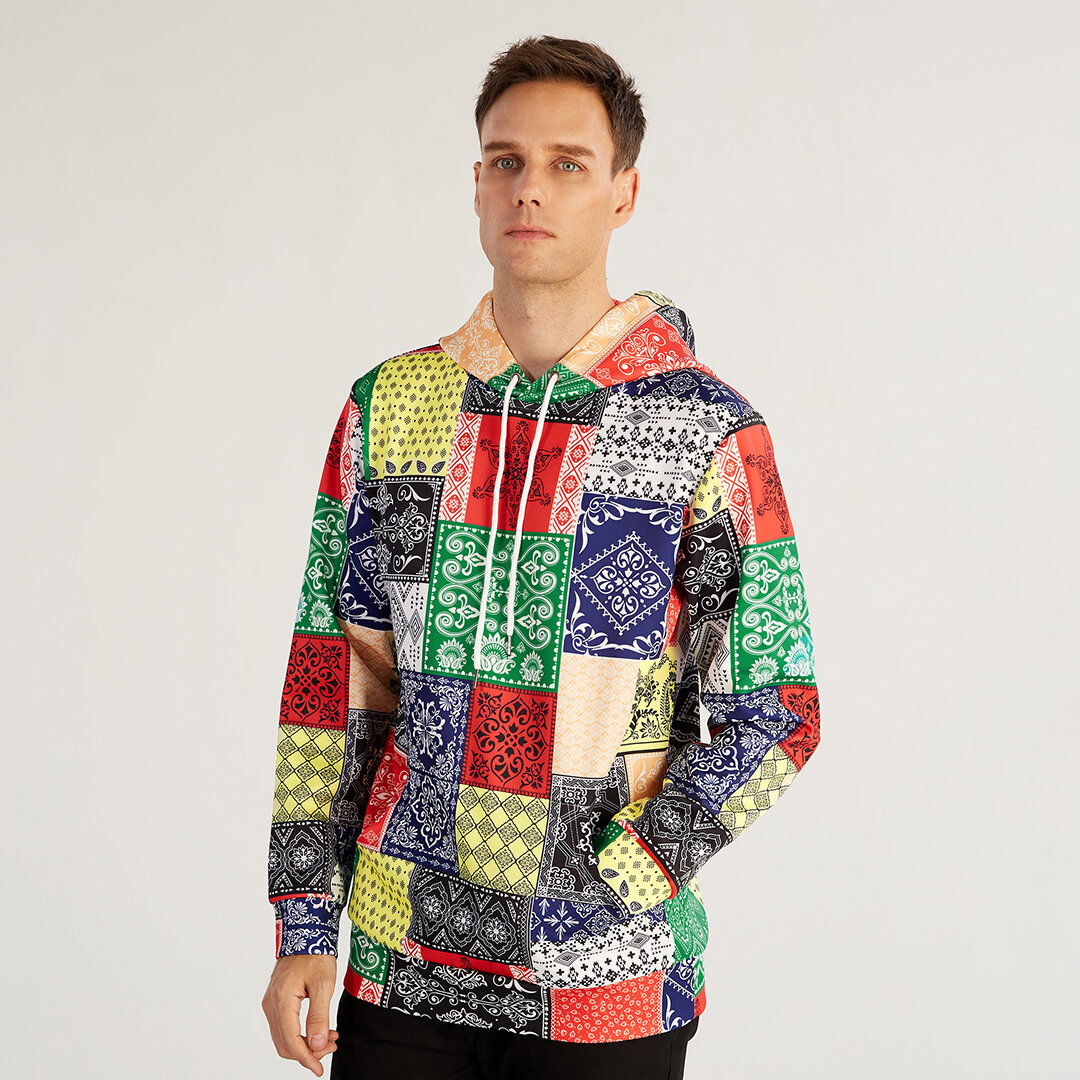 Ethnic Colorful Printing Hooded Drawstring Long Sleeve Casual Sweatshirt
