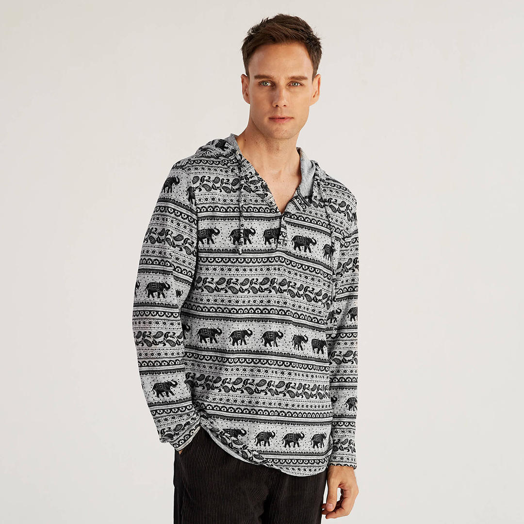 Mens Ethnic Style Elephant Printing Casual Long Sleeve Hooded Sweatshirt