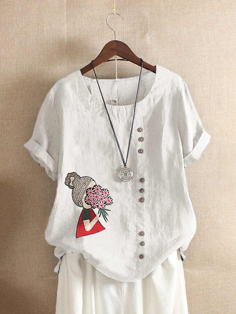 Cartoon Embroidery Short Sleeve O-neck Casual T-shirts Cartoon Embroidery Short Sleeve O-neck Casual T-shirts