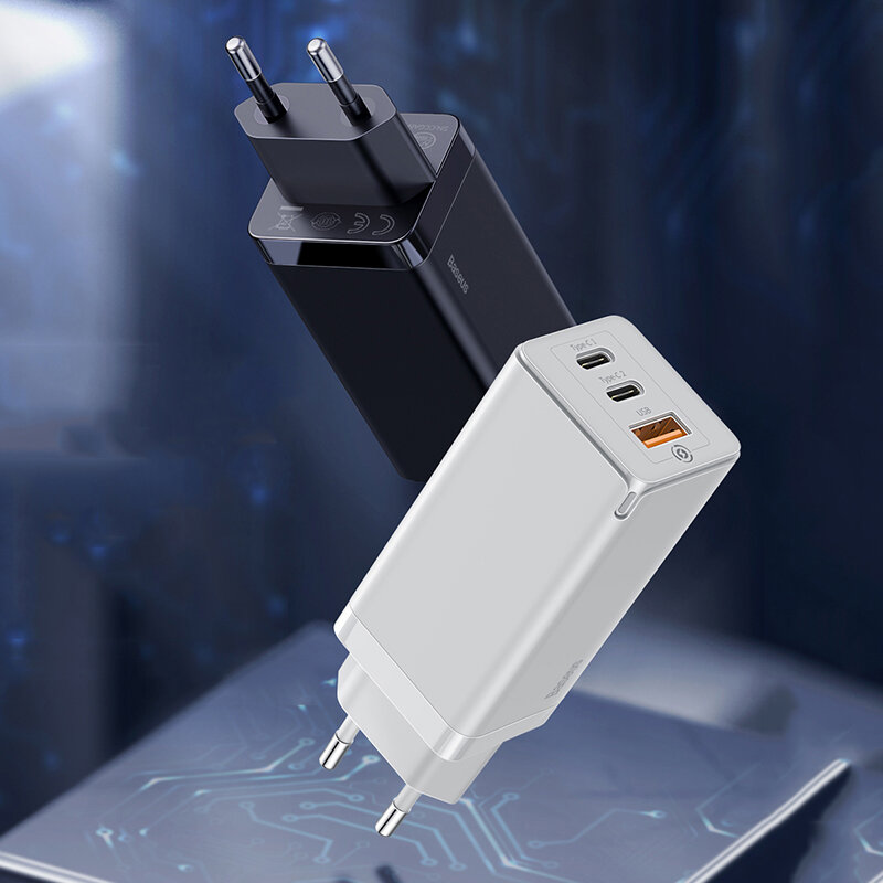 Baseus GaN 65W QC4.0 PD3.0 Triple sortie 2 * Type-C 1 * Mini chargeur mural USB Chargeur de voyage universel EU US Plug pour Samsung S10 Matebook pour iPhone 11 Pro Max Notebook Tablet HUAWEI P30Pro Xiaomi Redmi