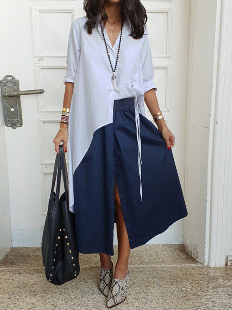 Frauen Langarm High Low Casual Revers kn&ouml;pft Hemd Bluse 