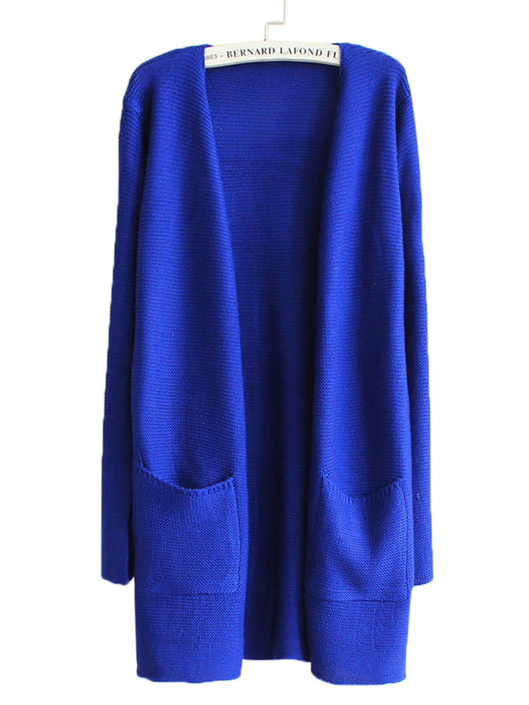 Candy Color Women Long Sleeve Casual Double Pockets Knit Cardigan