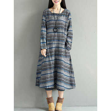 Vintage Women Long Sleeve Striped Scoop Neck Midi Dress with Pockets