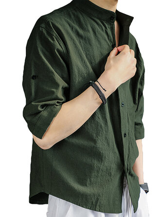 Erkek Keten Saf Renk Kısa Kollu Gevşek Gömlek