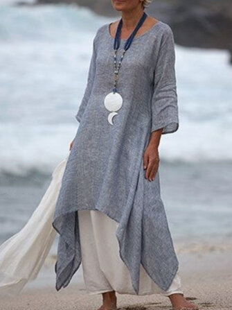 Robe en coton lin à manches 3/4 et à manches basses pour femmes