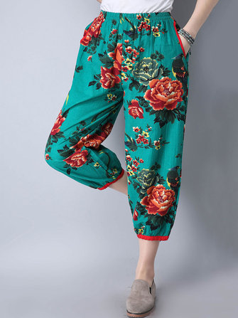 Mulheres &eacute;tnicas, cintura el&aacute;stica, floral, colheita impressa Cal&ccedil;as