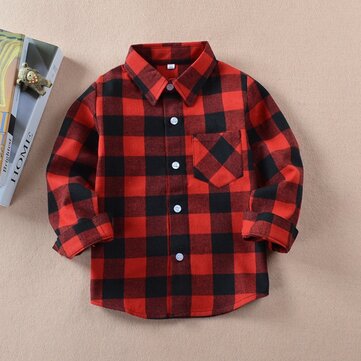 Kids Cotton Long Sleeve Button Down Plaid Shirts