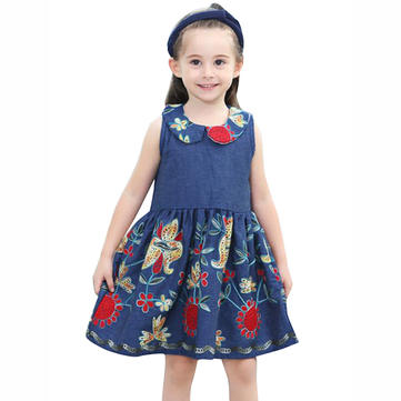 Baby Kid Girls Floral Embroidered Sleeveless Denim Dress