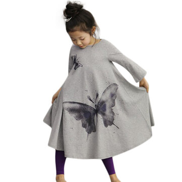Kid Girls Butterfly Printed Vestido de manga comprida