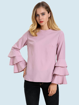 Elegantes Damen Bluse Einfarbig Glockenh&uuml;lse O-Neck T-Shirt