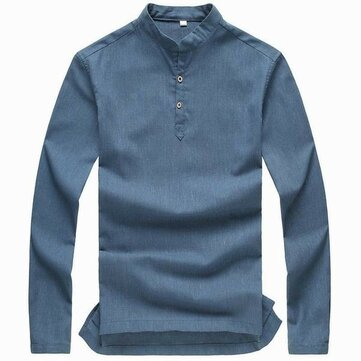 コットンリネンVシェイプスタンドカラーサイドスリット裾ソリッドキャンディーカラーロングスリーブシャツ 