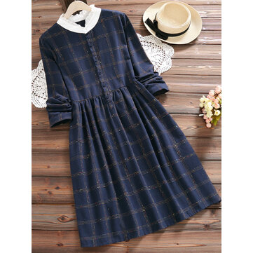 Vintage Women Plaid Long Sleeve Dress