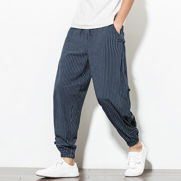 Men Vertical Stripe Linen Relaxed Harem Pants