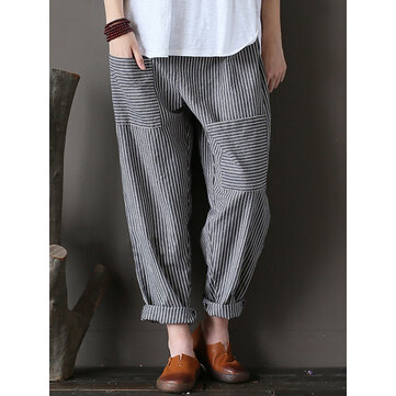M-5XL Women Stripe Elastic Waist Harem Pants