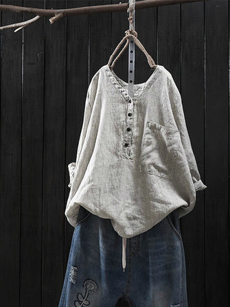 Vintage Women Cotton Striped V-Neck Long Sleeve Blouse