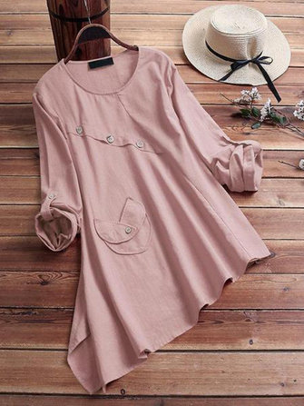 Mulheres Pure Color Blusa de Algodão assimétrica Hem