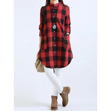 Women Casual Long Sleeve Plaid Loose Pocket Button Long Blouses