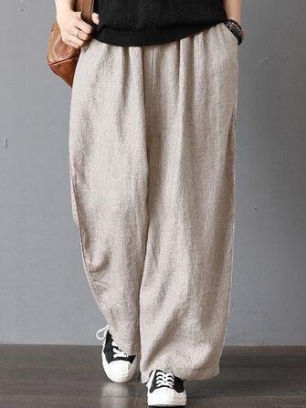 Mulheres alta elástico na cintura perna larga sólida Calças