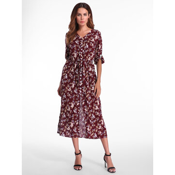 Bohemian Floral Printed Loose 3/4 Sleeve Maxi Dress