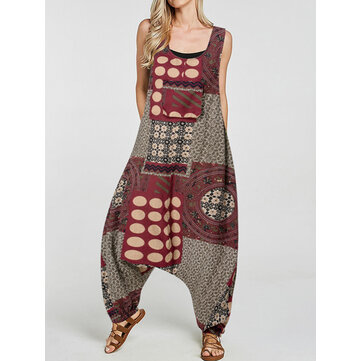 Frauen Ethnic Cotton Print Overall Seitentaschen Harem Romper