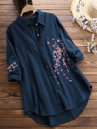 Women Cotton Button Down Plum Embroidered Blouse