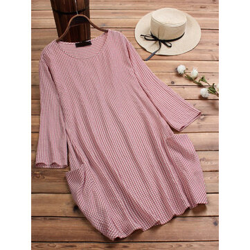 Women Casual Plaid Crew Neck Long Blouse with Pockets