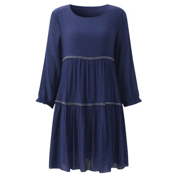 Casual Women Lantern Sleeve O-Neck Pure Color Pleated Dress