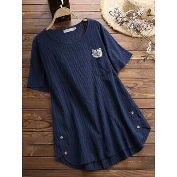 Mulheres Casual Gato Bordado Oco Out Manga Curta T-Shirt