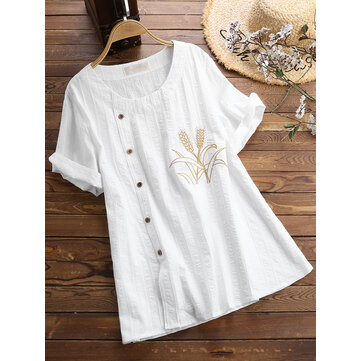 Damen Rundhalsausschnitt Bestickte Knopf Kurzarm T-Shirts