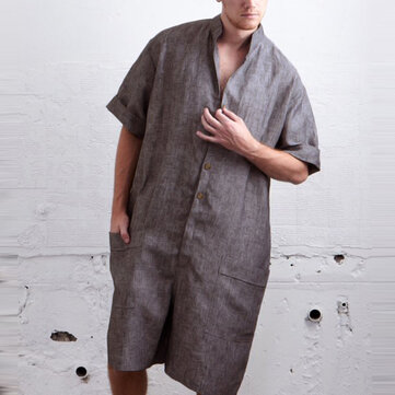 Mens Cotton Short Sleeve Loose Rompers Overalls Jumpsuit