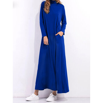 Casual Mulheres manga comprida Pure Color Turtleneck Pocket Long Dress