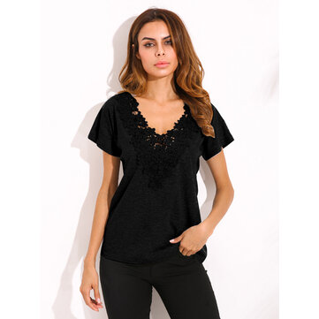 Plus Size S-5XL Women Sexy Crochet V Neck Top T-Shirt