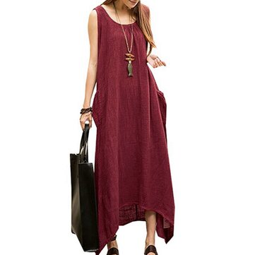 Femme Occasionnelle Maxi Robe Vintage Sans Manches en Coton