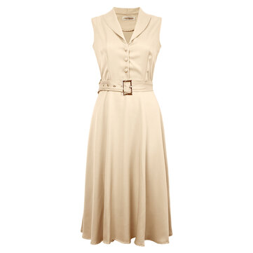 Women's Swing Party Dress Lapel Sleeveless Button Dresses With Belt