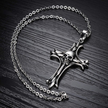 Trendy Men's Silver Skull Cross Punk Stainless Steel Charm Necklace 