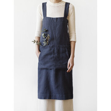 Women Japanese Style Cotton Apron Dress with Pockets