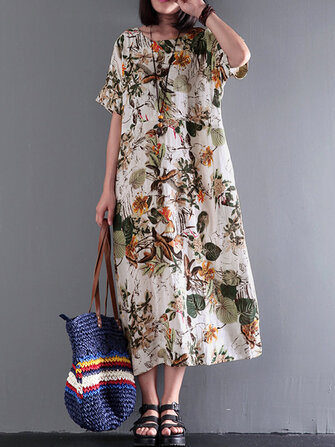 Women Vintage Short Sleeve Cotton Floral Maxi Dress
