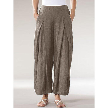 Women Elastic Waist Casual Loose Solid Wide Leg Pants