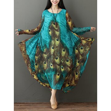 M-5XL Vintage Kadın Tavuskuşu Tüyü Baskı Elbise