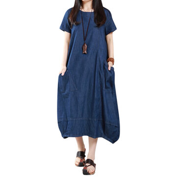 L&auml;ssige Damen Lose Denim Taschen Laterne Maxi Kleid