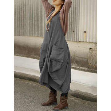 Женское Винтаж Без рукавов V Шея Ремни Назад Крест сплошной Фартук Платье