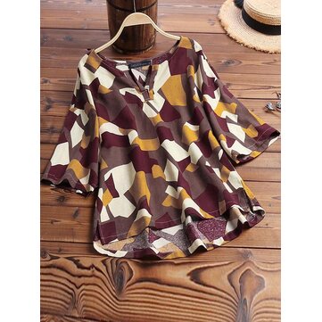 Blusa de manga corta con cuello de pico estampado casual para mujer