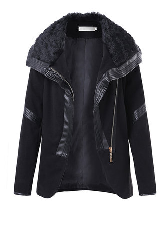 Casual Women Zipper Pocket Long Sleeve Leather Patchwork Slim Coat