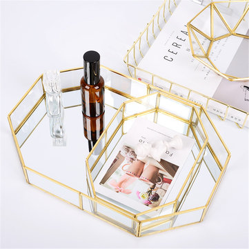 2 Size Mirror Glass Tray Octagon Cosmetic Makeup Desktop Organizer 2 Size Mirror Glass Tray Octagon