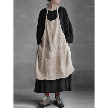 S-5XL Vintage Women Pure Color Pockets Cotton Linen Dress