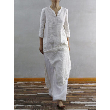 Dames effen kleur 3/4 mouw V-hals getailleerde jurk