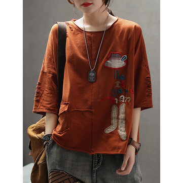 T-shirt a maniche corte con ricamo fumetto per donna