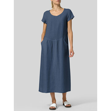 ريترو المرأة الصلبة اللون فستان قصير الأكمام الرقبة الطاقم