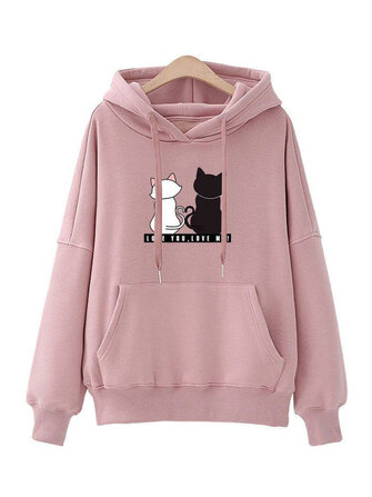 Kadınların Gündelik Çizgi Film Kedi Yazdır Kapşonlu Sweatshirt