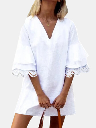 الصلبة اللون الدانتيل كشكش نصف كم الخامس الرقبة فستان عارضة